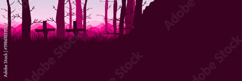 Pink Halloween Dead Forest Banner with Spooky Cliff Silhouette and Copy Space