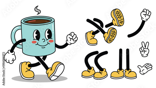 Retro coffee mug cartoon character and animation elements.