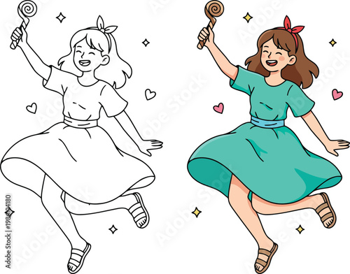 Girl holding lollipop dancing happily in cute cartoon vector outline illustration style