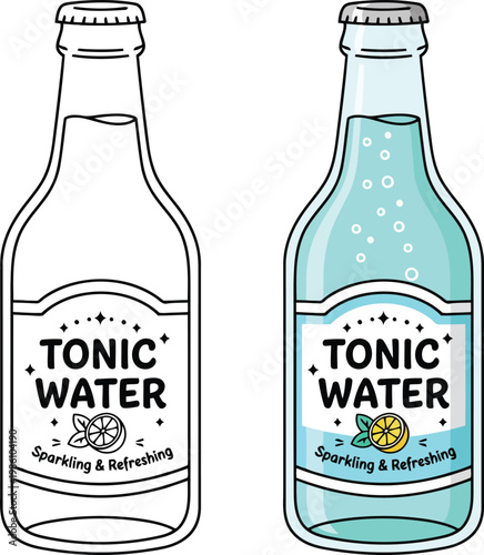 Tonic water bottle sparkling beverage isolated in clean cartoon vector outline illustration style