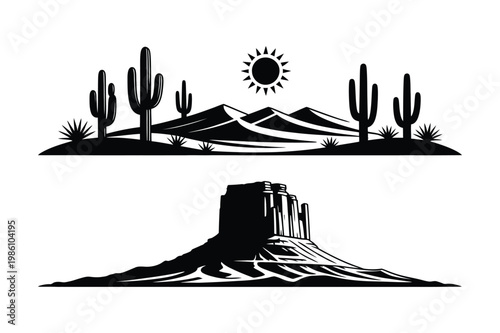 Desert landscape and mesa rock formation silhouettes vector illustration
