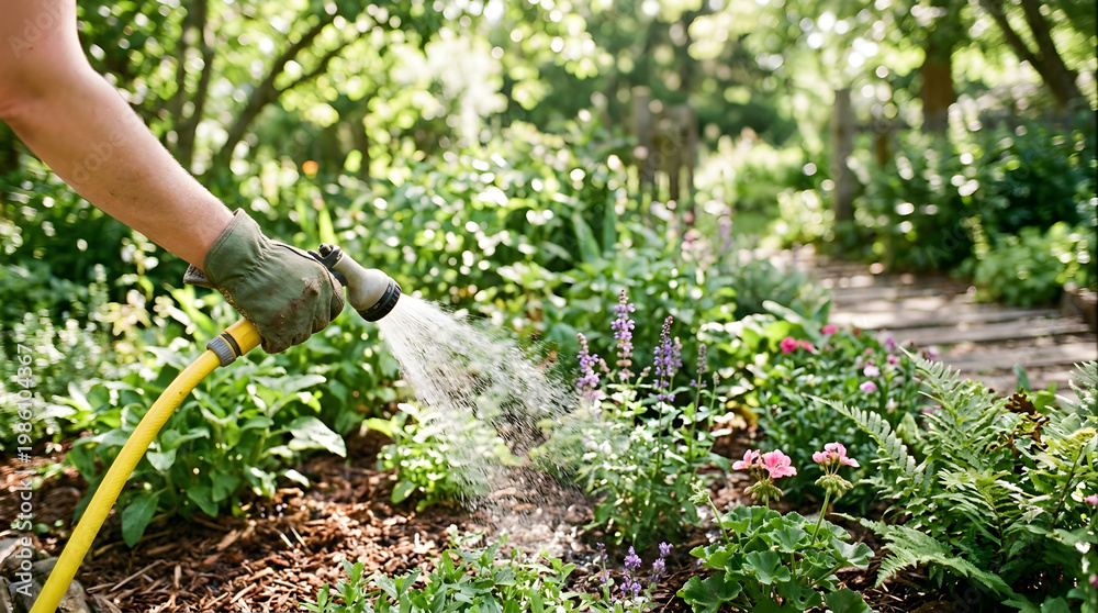 Fototapeta premium Person watering flowers in a lush garden