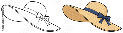 Sun hat wide brim straw summer accessory isolated in clean bold outline vector style