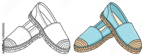 Espadrilles casual slip on shoes isolated in clean bold outline vector illustration style