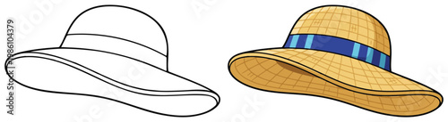 Sunhat summer straw hat fashion accessory isolated in clean bold outline vector style