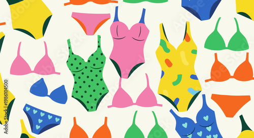 Colorful swimwear seamless pattern vector, vibrant bikini and swimsuit background, summer beach fashion illustration for textile and wallpaper