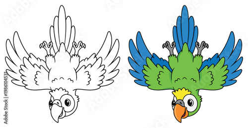 Parrot bird cartoon vector illustration in clean bold outline style flying upside down