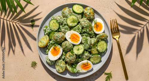 Φωτογραφία Delicious Summer Potato Salad with Hard boiled Eggs and Cucumber