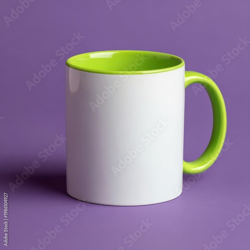 White Mug with Green Rim and Handle on Purple Background