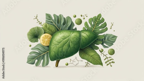 Detailed Illustration of a Healthy Liver Surrounded by Natural Elements Representing Detoxification and Wellness