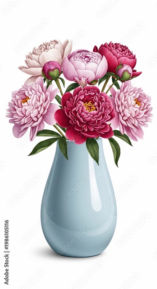 Obraz premium Vibrant Peonies in a Soft Blue Vase - Digital Art, Lush Bloom Details