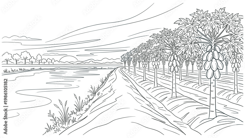 Fototapeta premium Rural landscape with papaya trees, lake, and dirt road, line art illustration on white background.