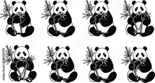 Panda silhouette collection, cute bamboo eating bear poses set, wildlife animal illustration, cartoon style design, black isolated vector graphic