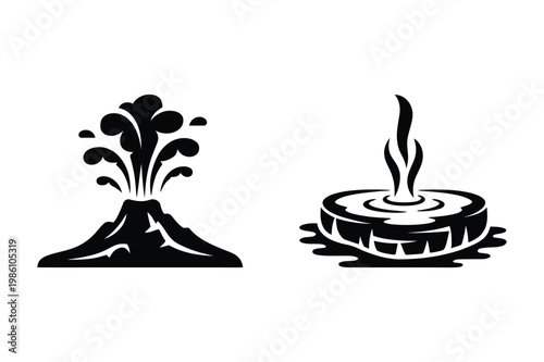 Volcano eruption and geothermal hot spring steaming vector icons with eruption