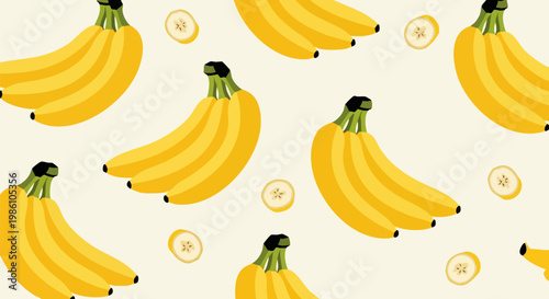Seamless banana pattern vector, yellow tropical fruit bunches and slices on cream background, summer food wallpaper for textile and packaging