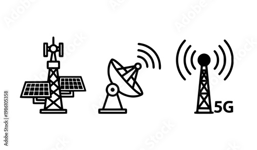 Minimal black and white communication technology icons set with telecom tower satellite dish and 5G antenna vector illustration