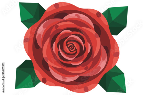 Red rose flower with geometric green leaves floral romantic love