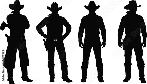 Cowboy silhouettes standing poses set, western sheriff characters collection, rancher outfit illustration, country lifestyle design, black isolated vector graphic concept