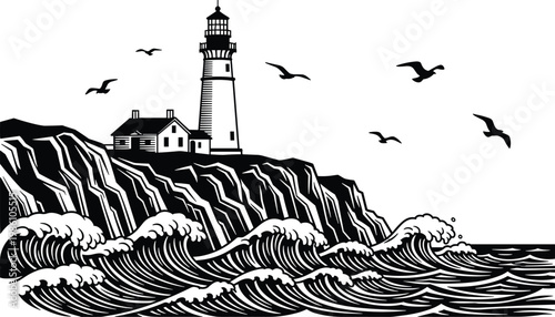 Lighthouse silhouette on rocky coast, ocean waves and seagulls scene, maritime landscape illustration, nautical seaside design, black isolated vector concept