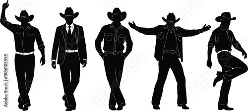 Cowboy silhouette collection, western male poses set, rancher outfit characters illustration, country lifestyle fashion, black isolated vector design concept