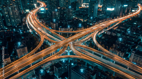 Cityscape at night a complex interchange of highways and city lights