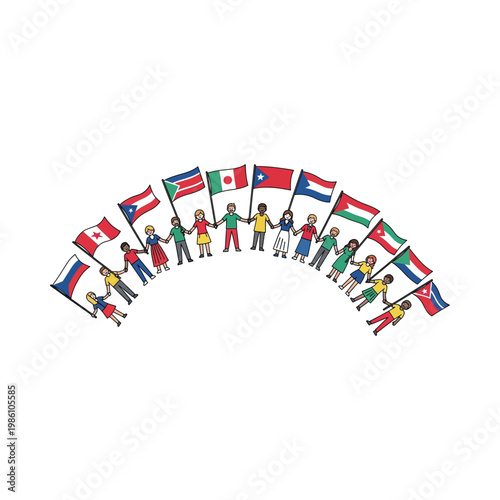 Diverse group of people holding flags from different countries in a semi-circle formation
