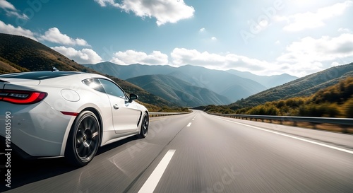 White sports car driving on scenic mountain highway with cloudy sky