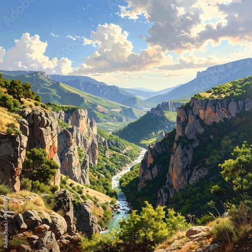 A serene landscape of a river flowing through a valley surrounded by mountains