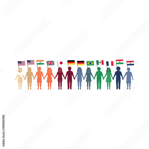 Diverse group of people holding hands under flags worldwide in unity.