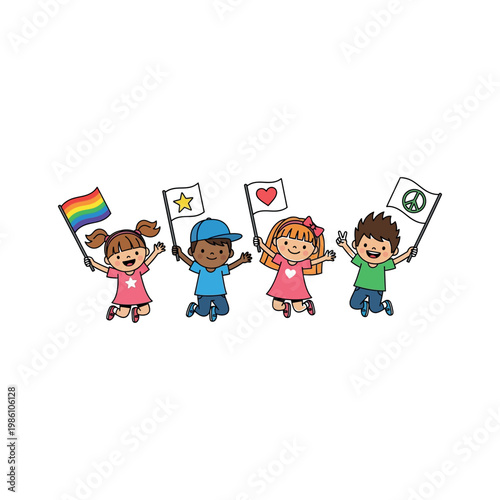 Children hold flags with symbols at a peaceful outdoor celebration event together.