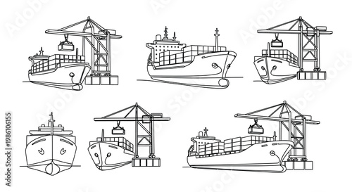 Line art illustration depicting various ships ports and nautical elements