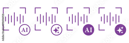 AI audio waveform scan icons vector set, sound recognition with artificial intelligence symbols, voice detection interface elements, minimal outline and solid UI icons for speech analysis and app desi