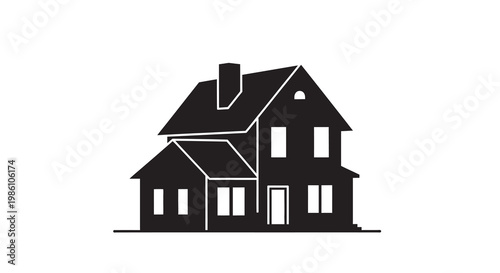 Simple black silhouette of a two story house with a chimney