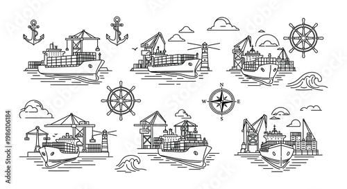 Line art illustration depicting various ships ports and nautical elements