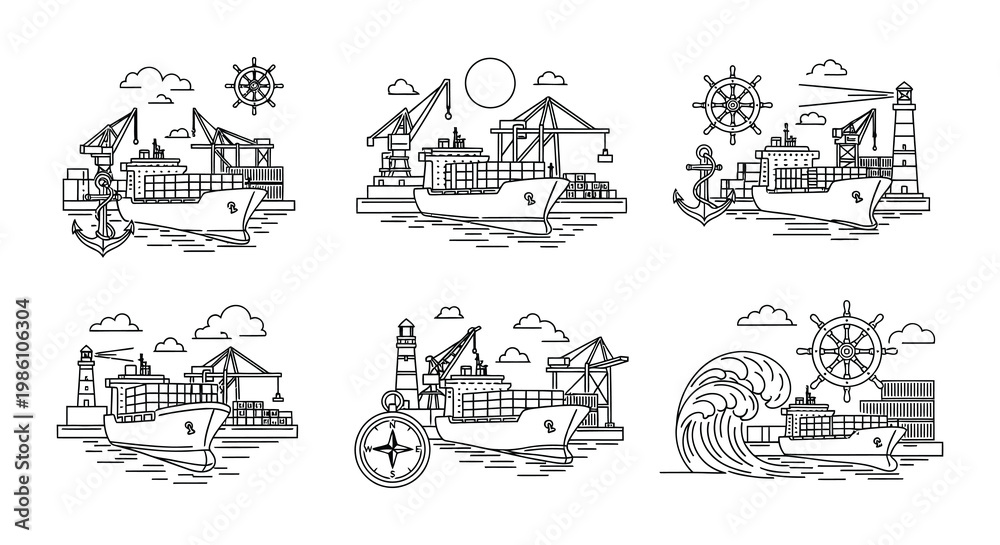 Naklejka premium Line art illustration depicting various ships ports and nautical elements
