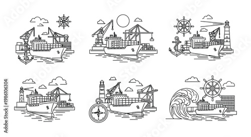 Line art illustration depicting various ships ports and nautical elements