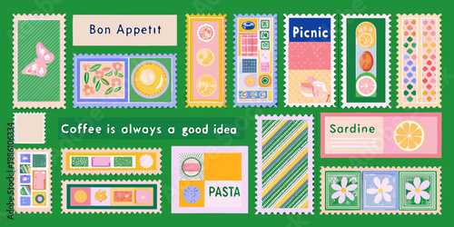Colorful postage stamps and food themed messages on a green background