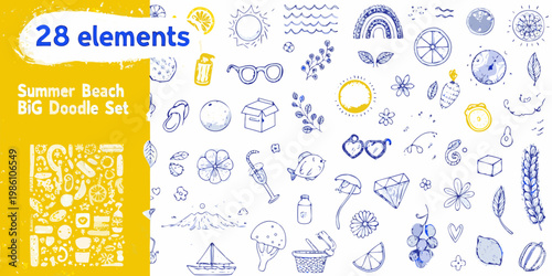 Colorful summer beach doodle set with sun flowers and ocean elements