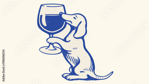 A dachshund playfully appears to drink from a tall glass of wine