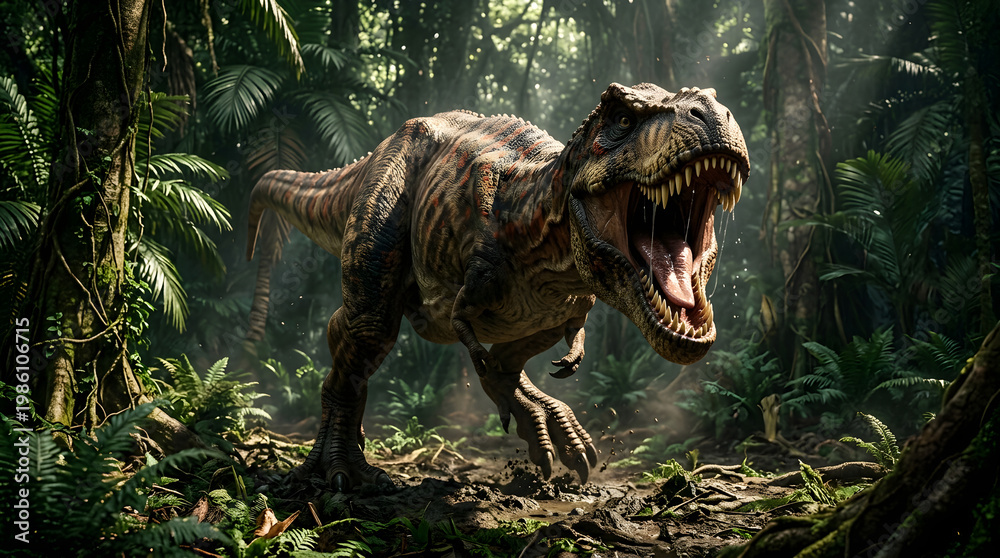 Fototapeta premium Tyrannosaurus rex in dense jungle environment