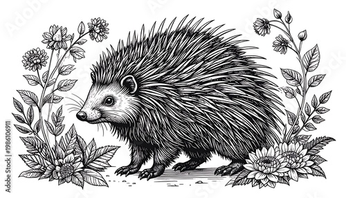 Detailed monochrome drawing of a hedgehog amidst floral elements, showcasing intricate linework and shaded details