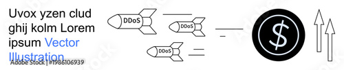 Cybersecurity, financial stability, hacking, online threats, digital economy, attack prevention. Missiles labeled DDoS targeting a dollar symbol and upward arrows. Cybersecurity and financial