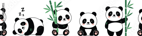 Adorable cute panda bear vector set with bamboo and sleeping poses in kawaii cartoon style for children book nursery decor and digital sticker designs.