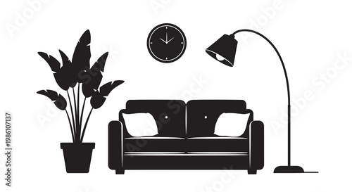 Minimalist living room scene featuring a sofa lamp and wall clock