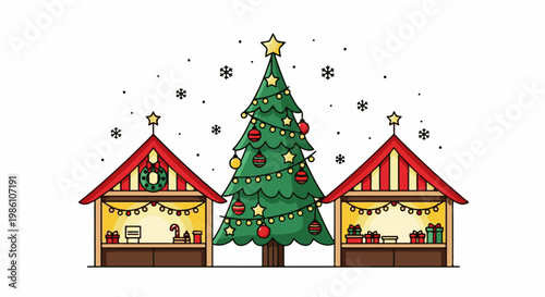 Festive Christmas market scene with decorated tree and stalls