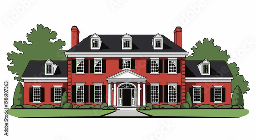 Elegant red colonial mansion with symmetrical design and lush greenery