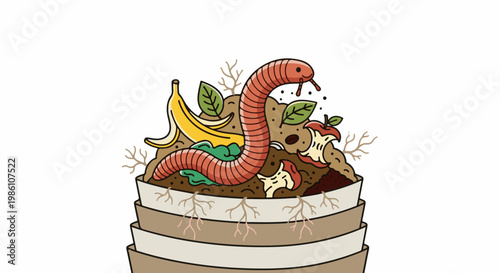 Earthworm in a compost bin with fruit scraps and roots