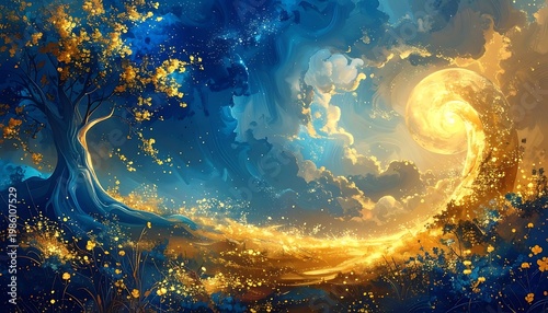 Dreamscape A vibrant, swirling landscape with a radiant orb, a gnarled tree, and a path strewn with golden light