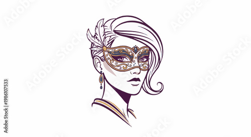 Elegant woman in decorative mask with feather