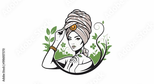 Elegant woman with turban and flowers, serene beauty and nature